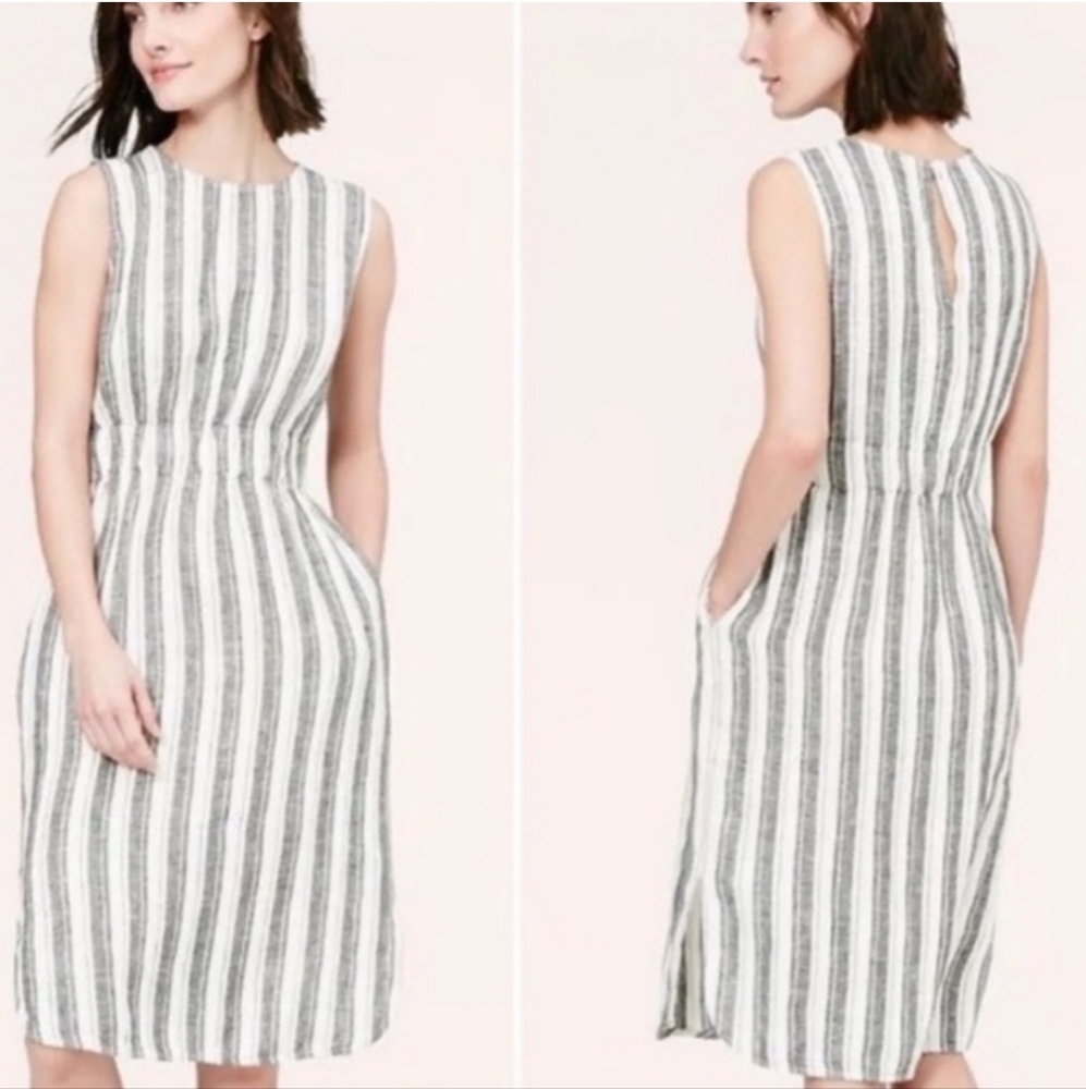LOFT Ann Taylor Striped Linen Midi Dress Womens Size 10T - Picture 2 of 11